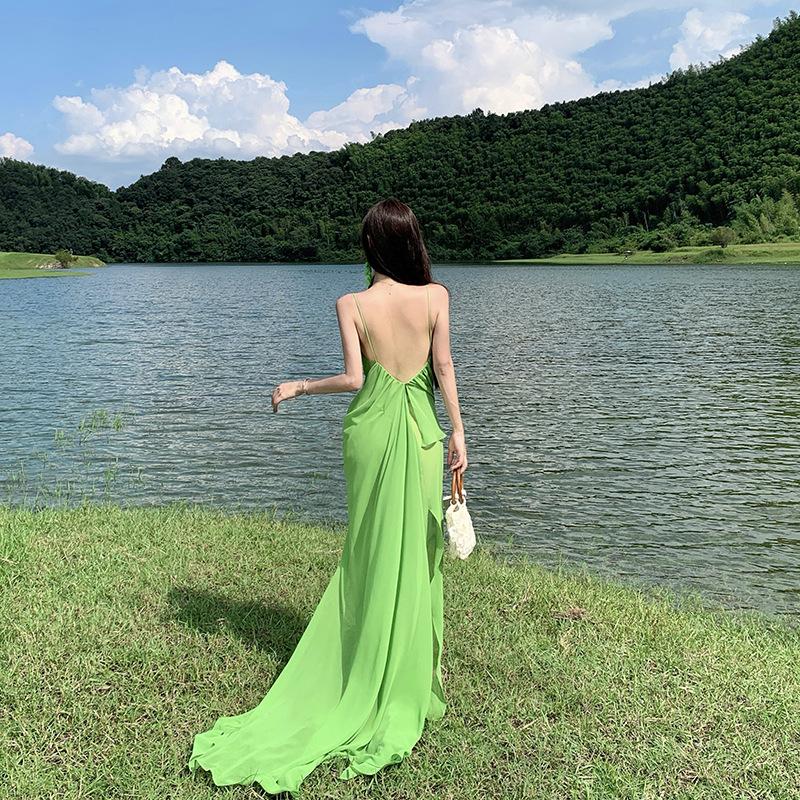 Xinjiang Western Sichuan Grassland Design Sense Green Swinging Collar Micro-transparent Chiffon Suspender Dress Backless Vacation Beautiful Long Dress