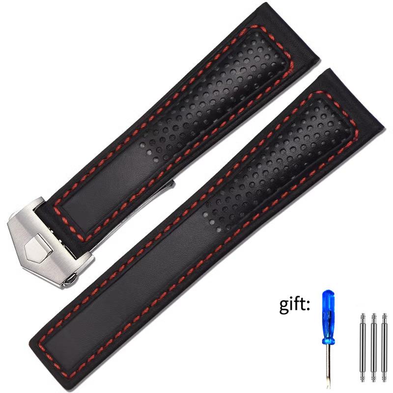 Cowhide Watch Strap 22mm Wristband For Tag Heuer Carrera Diving Monaco F1 Fiyta Tissot Watch Band Red Stitches Leather Bracelet