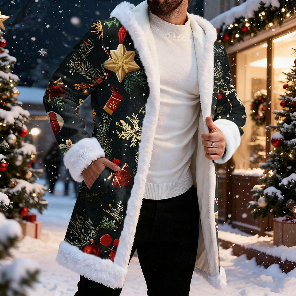 Men's Christmas Long Hooded Cardigan With Pockets Warm Jacket
