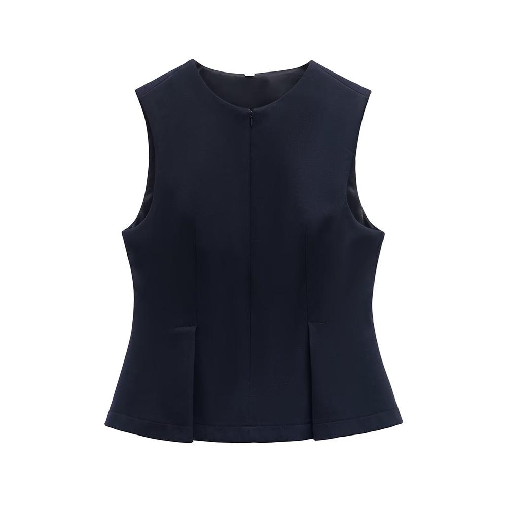 

2025 Spring Women s Slim Round Neck Pleated Vest Top Medium темно-синий