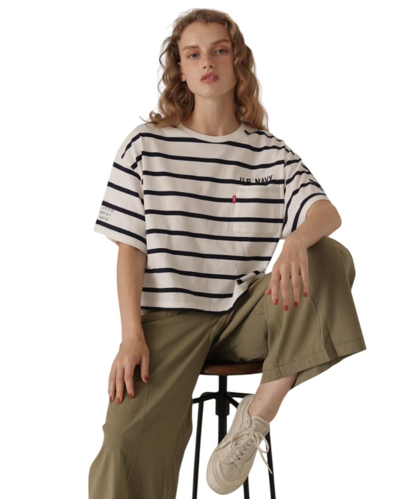 Avirex NAVAL POCKET SHORT Navy Size F Women's T-SHIRT, Striped, 122, 783-5935601