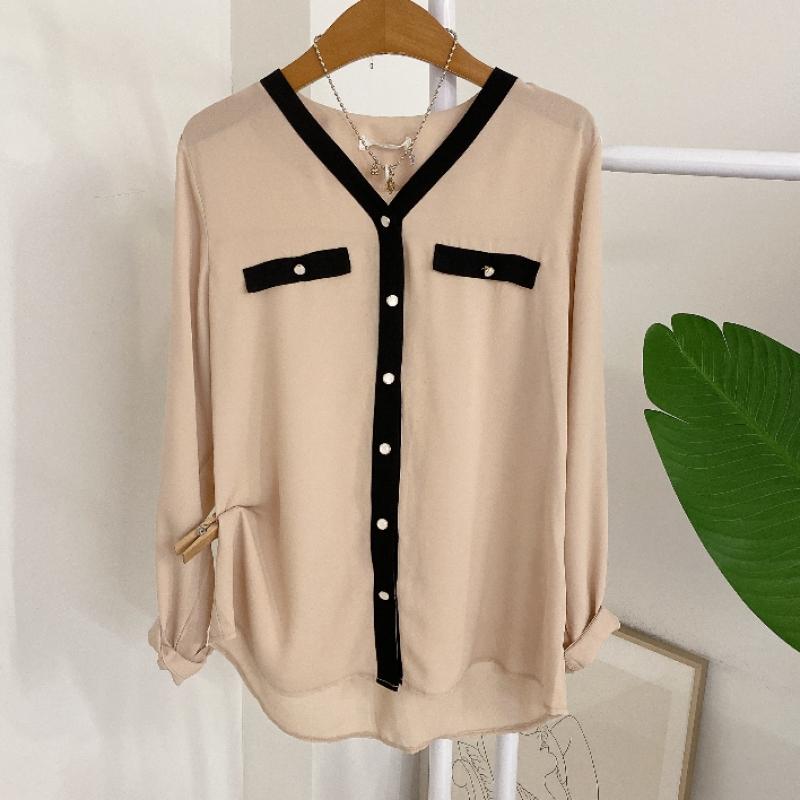 Honey J Women S Chiffon Color Block V Neck Button blouSe 2 ColorS