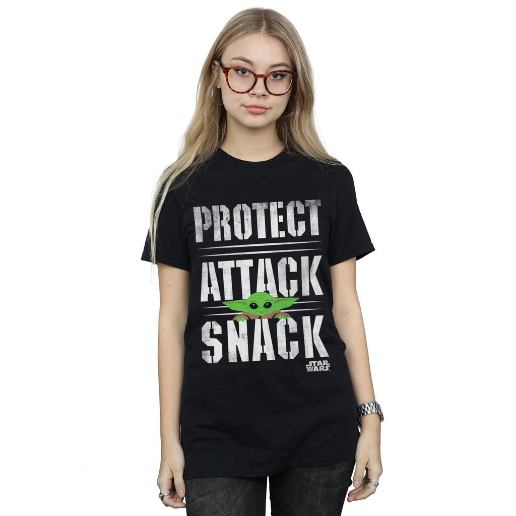 Star Wars Womens/Ladies The Mandalorian Protect Attack Snack Cotton Boyfriend T-Shirt