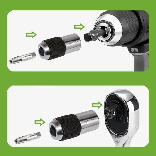 Bestgle Adjustable Socket Set Adapter, 2 Tap Sockets, Large + Small, 3/8 Drive 6-1/2 Inch, for Tight Work Areas, Reamers, and Threading with Square Wr