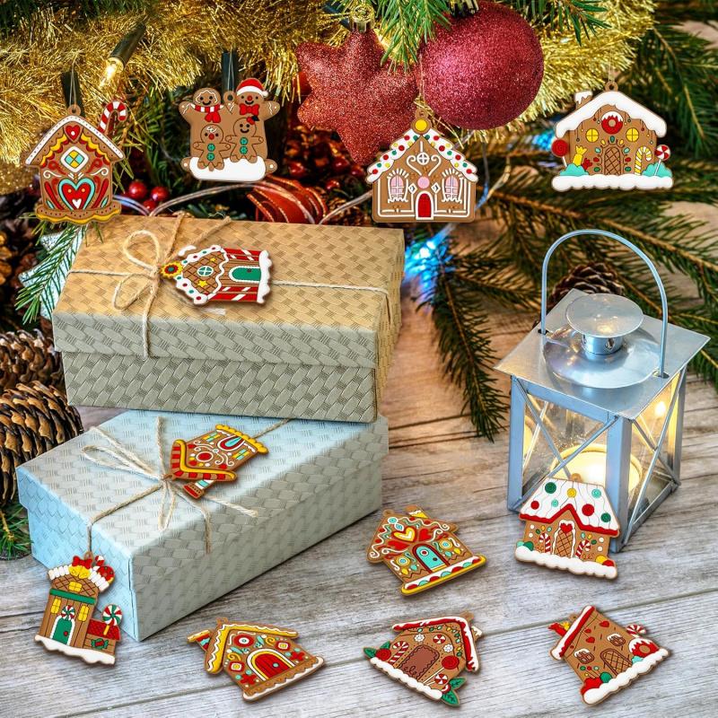 12pcs Gingerbread House Christmas Tree Ornaments, Festive Holiday Home Decorations, Cute Xmas Hanging Accessories for Celebratio