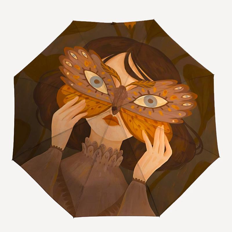 

1pc Owl Mask Feathers Fashionable Automatic Opening/Closing Folding Umbrella with 8 Bones, Windproof Portable, Daily Use032