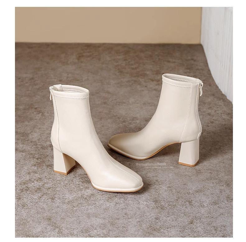 

2025 осень и зима новые ботильоны с квадратным носком, толстым каблуком и высоким каблуком, женские, на молнии сзади, модные, универсальные, эластичные, тонкие 42