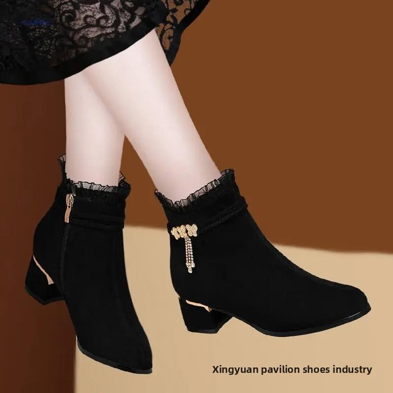 Herbst Winter Kurze Stiefel Damen Runde Zehe Dicker Absatz Hoher Absatz Fleecegefüttert Warme Baumwollschuhe Mittlerer Absatz Niedriger Absatz