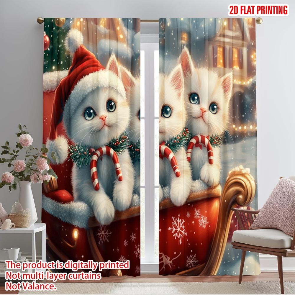 

2pcs,2D plane printing Pattern Curtains Cute Kittens Christmas Sleigh Ride Versatile Polyester Fabric (without rod) Versatile 52.50×116.00 CM 2pcs