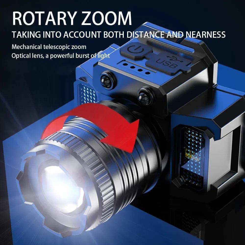 Powerful LED Motion Sensor Headlamp 18650 Rechargeable COB Headlight High Power Flashlight for Fishing Camping Hiking Running Outdoor Emergency