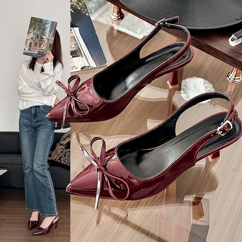 Fashion Patent Leather Wrapped Toe Sandals Women's Spring and Summer New Bow One Strap Non-slip Pointed Toe High Heels