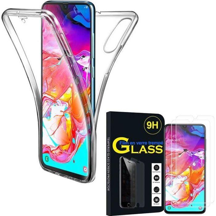 Coque Silicone 360° - TRANSPARENT - Pour Samsung Galaxy A70 - Protection intégrale - 2 Films Verre Trempé