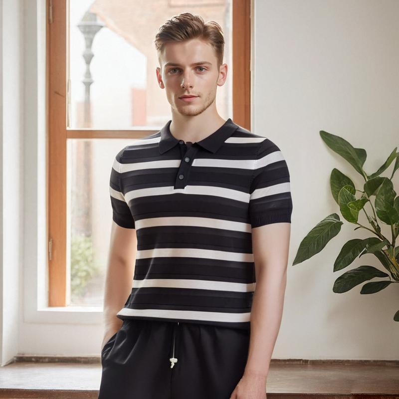 

Summer Turn-Down Collar Short Sleeve T-Shirt Youth Business Casual Mature Half Sleeve Top Men s Striped Polo Shirt M чорний
