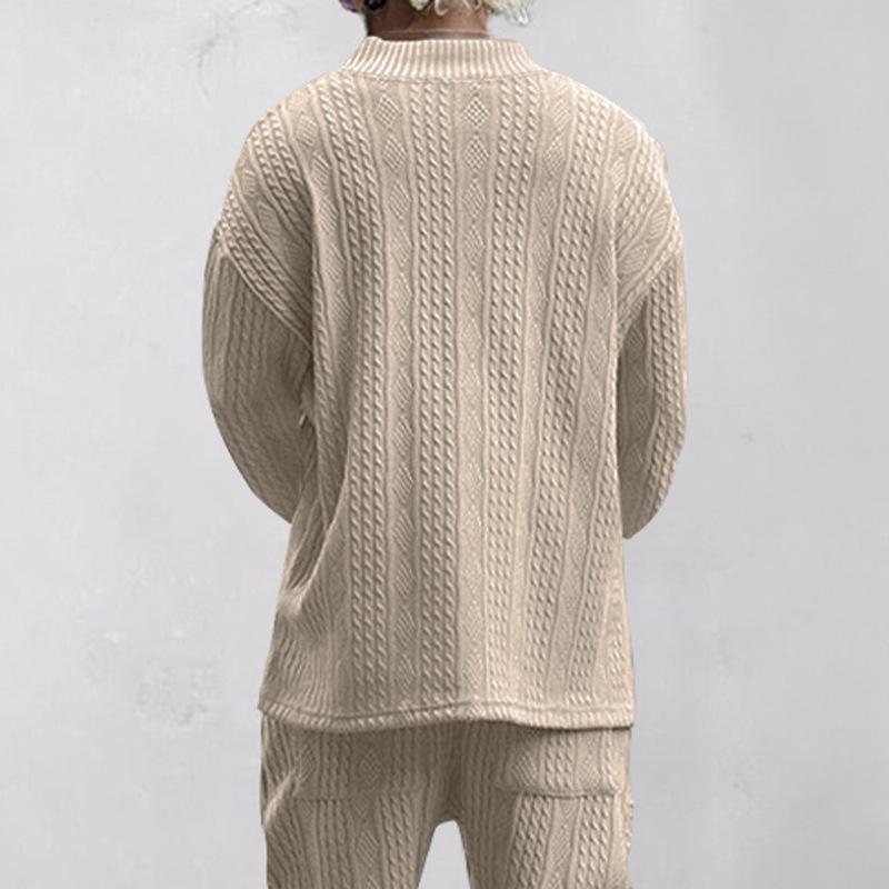 Men Loose Long Sleeve V Neck Jacquard Casual Knit Pullover Top