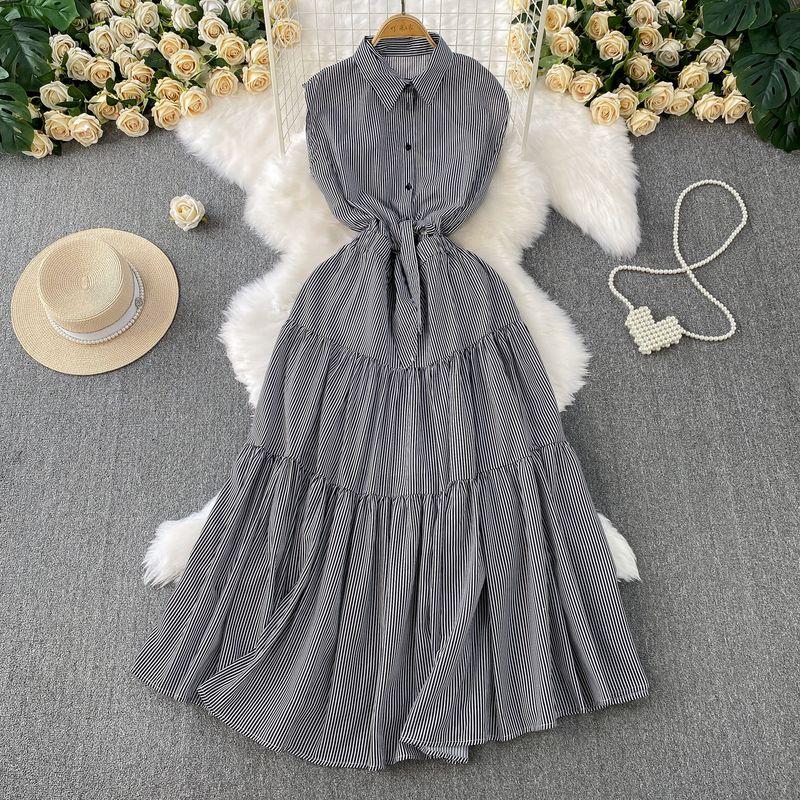 

New Fashion Stripe Sleeveless Lapel One piece Dress Women clothing Sexy Hollow Lace-up Waist Hugging Slimming Pleat Long Dress Dark gray One size