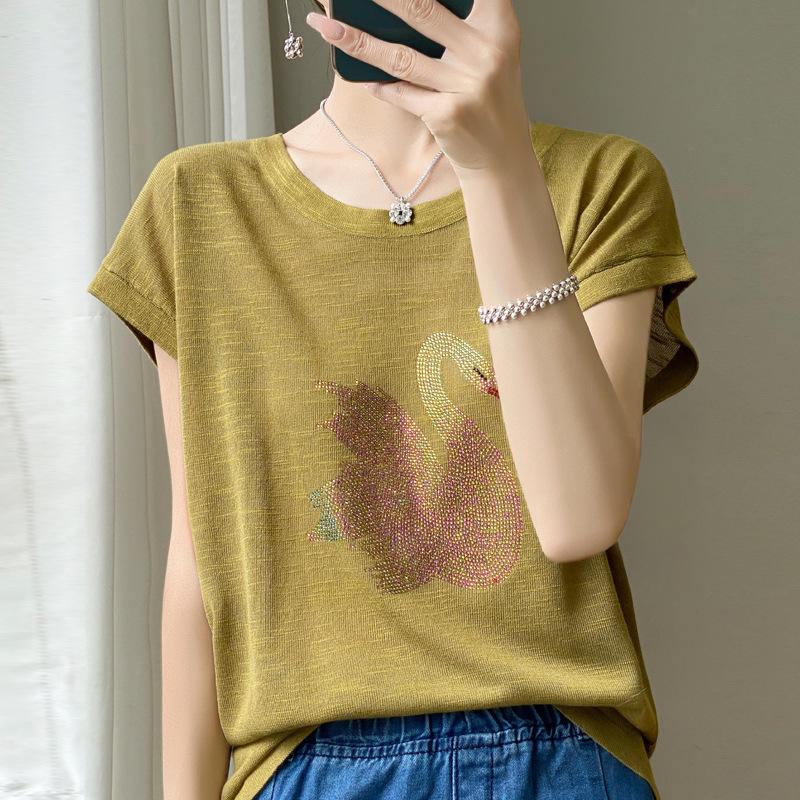 IHUASU Summer Women's Knitwear Cotton Bamboo Hemp Short-sleeved Tops Women's T-shirt Women's O-neck Rhinestone Swan
