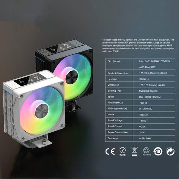 

Tianji Feng J15 CPU Cooler with Digital Display, Black Plastic, Colorful Lights, 1pc Other
