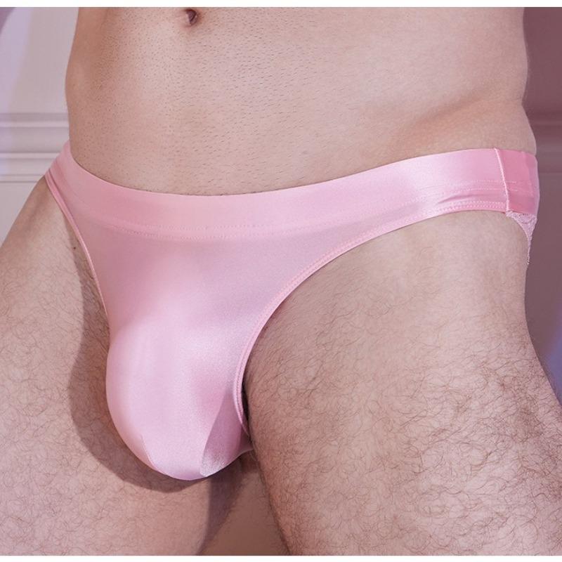 Satin Lace Splicing Briefs Men Crossdress Erotic Sissy Lingerie Breathable High Elasticity Panties Silky Smooth Shiny Underwear