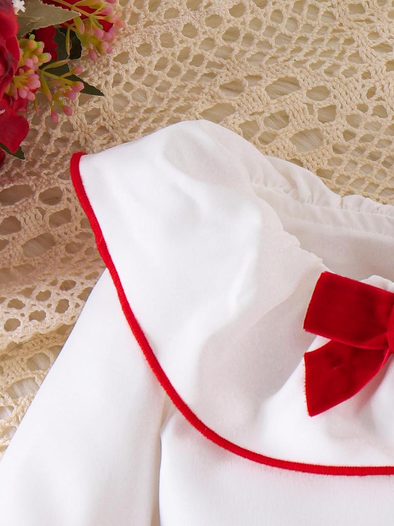New Girl's European & American Clothing Set: White Long-Sleeve Top + Red Short Skirt