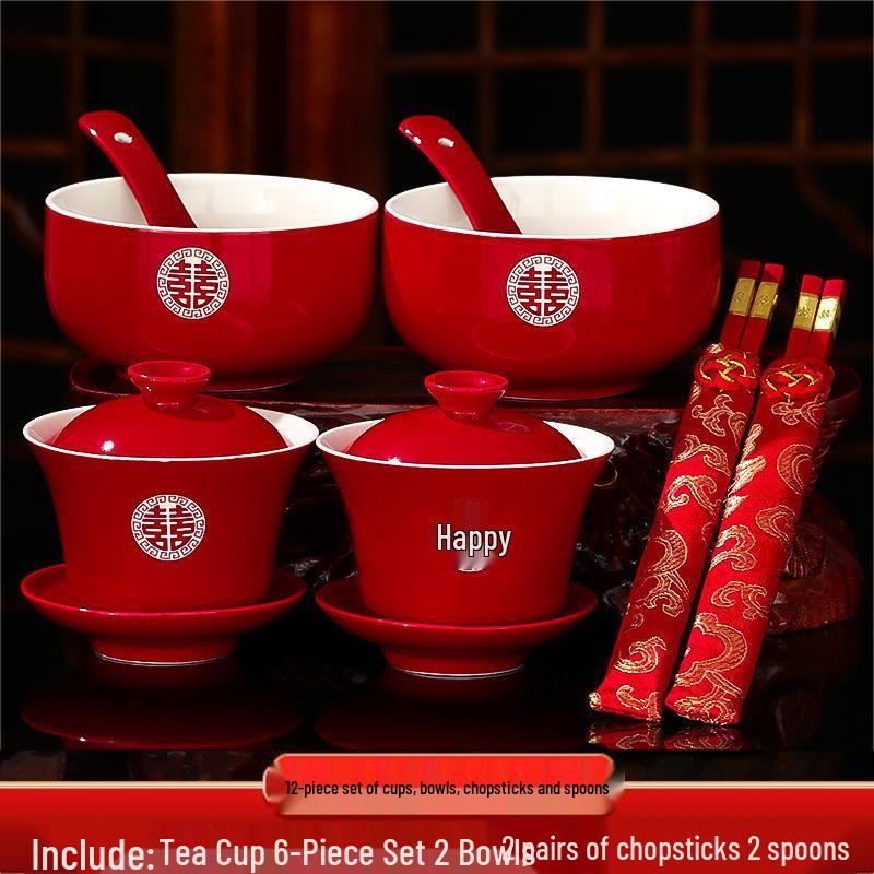 Wedding Red Tea Set: Happy Bowls, Cups, & Chopsticks Duo for Toasting & Dowry Collection