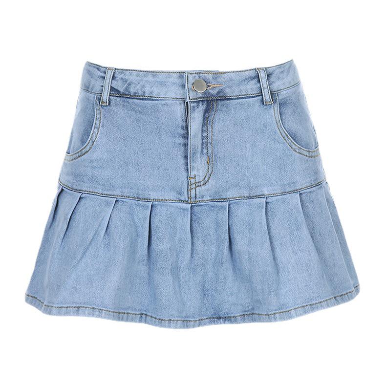 European & American Girls' Sweet College Style A-Line Denim Skirt with Anti-Exposure Lining