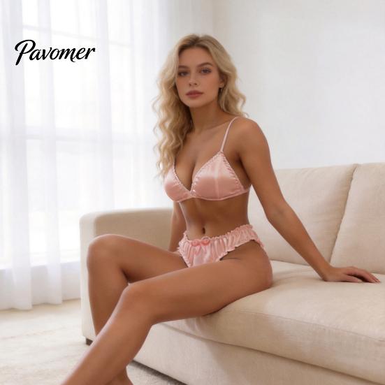 Wire-free Bra Women's And Panty Set, Satin 2 Piece Underwear Triangle Romantic Set No Underwire Bralette with Ruffle Thong, Soft Sexy Babydoll
