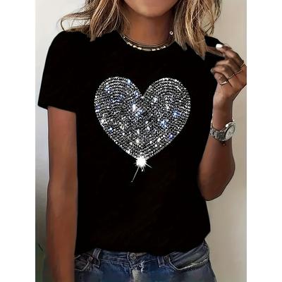 Heart Print Crew Neck T-shirt, Short Sleeve Casual Top for Summer & Spring, Women's Clothing