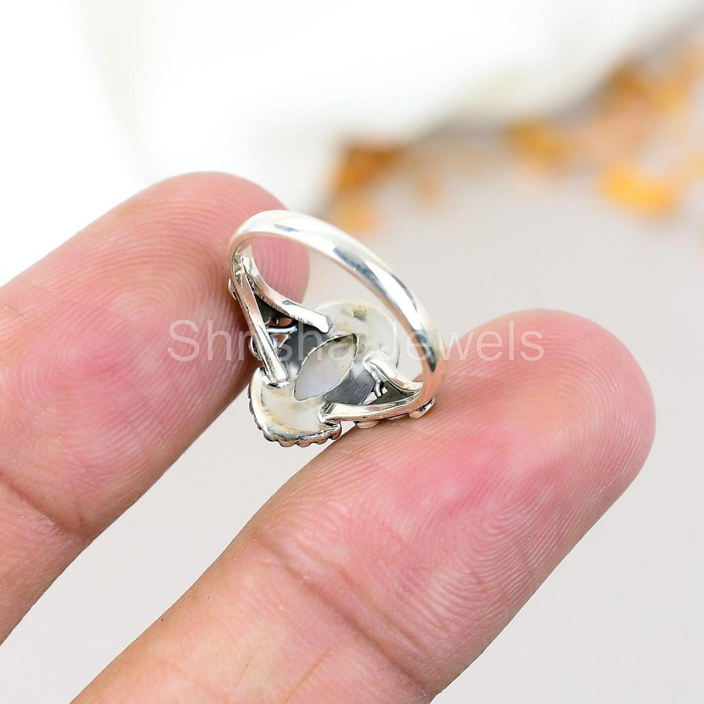 Pierre de Lune Arc-en-ciel Argent Sterling 925 Fait Main Bijoux en Pierres Précieuses Bague Pour Femmes