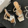 Slippers French Style Vintage Gold Square Toe Elegant High Heels SummerThinBeltGem Thin Heel Open ToeSandals