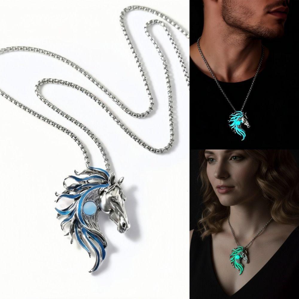 Zinc Zinc Alloy Hiphop Rock Couple Chain Glow In The Dark Glowing Necklace Luminous Horse Pendant  Disco