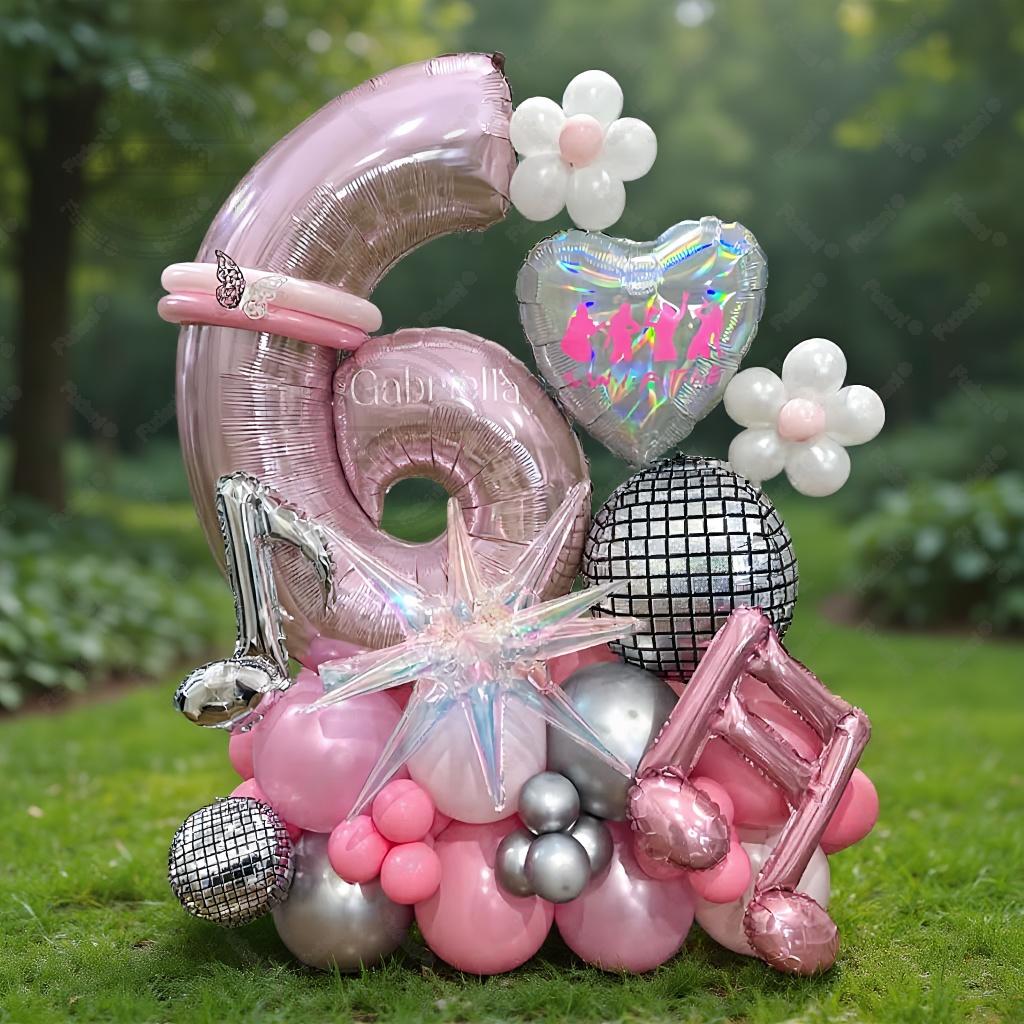57pcs Slivery Heart Disco Balloon Silver Number Birthday Balloon Set Pink Music Note Children Adult Festive Party Decorations