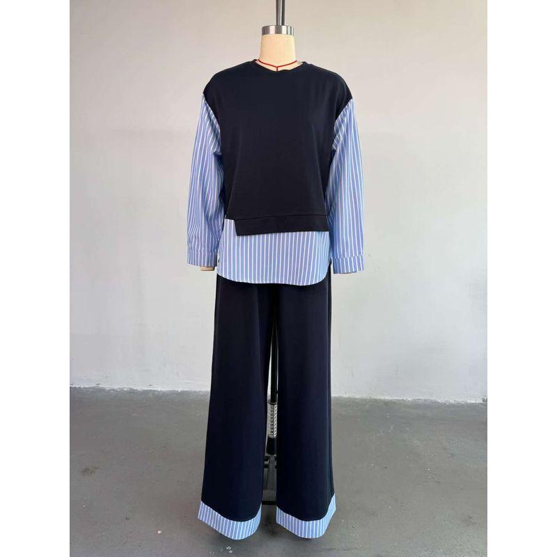 

Fashion Fashion round Neck Patchwork Stripes Top and Trousers Casual Suit Loose Top and Pants Set Blue XXL