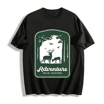 Deer Forest Print Casual Tee For Wild Nature Adventure Lovers Pure Cotton T-shirt