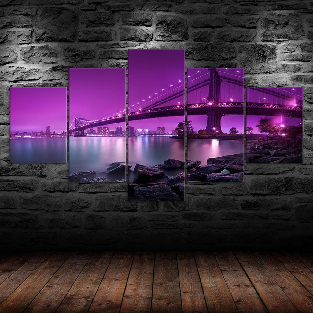 Purple Dawn Modern City Bridge Landscape 5 Piece Five Panel Wall Canvas Print Modern Art Poster Picture Home Decor Gift For Him For Her