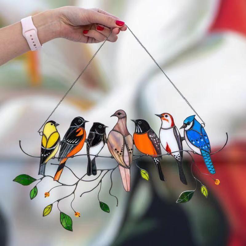 Vibrant Stained Glass Birds-on-a-wire Suncatcher For Happy Homes