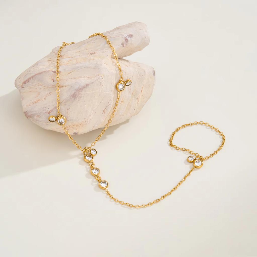 Stainless Steel 18k Gold Plated Simple Zircon Y-Shaped Wrist Chain Link Bracelets for Women Boho Tarnish Free Waterproof Jewelry