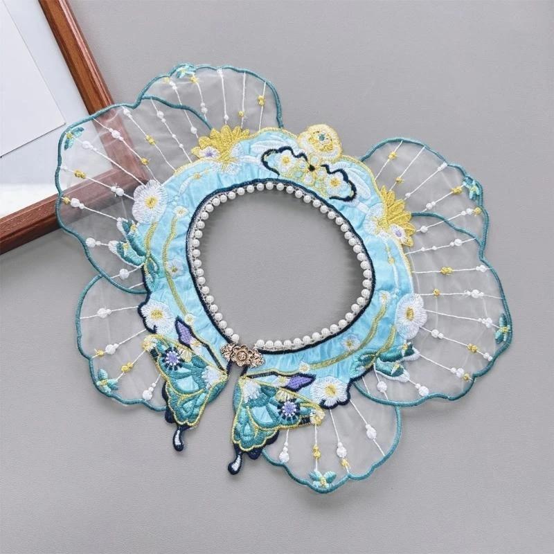 Women's Elegant Pearl-Embellished Shawl | Detachable False Collar & Shoulder Wrap with Yunjian-Style Decorative Flowers H7EF