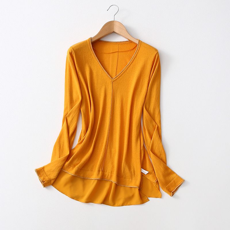 Export Export Bright Silk Chiffon Patchwork Pure Color Minimalist V Pullover Knitwear Women's Fall and Winter Long Sleeves Bottoming Shirt