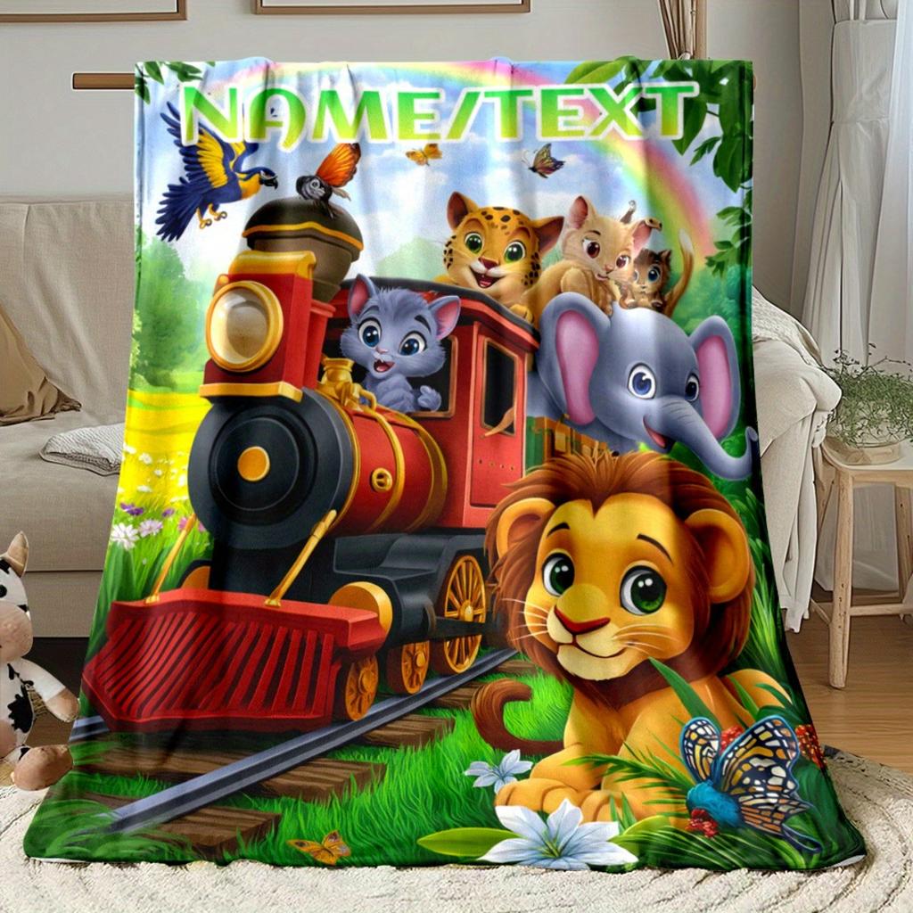 Custom Cartoon Animal Train Fleece Blanket Personalized Name Kids Throw Soft Warm All Season Bedding Gift For Boys Girls