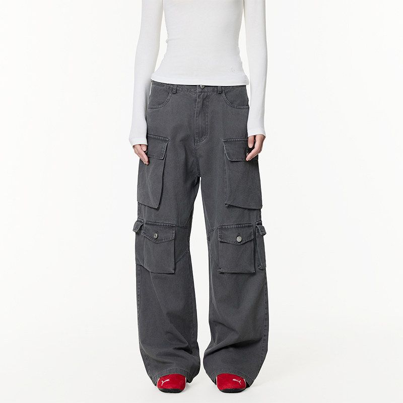 Black of Exit American Retro Distressed Multi-Pocket Straight-Leg Cargo Pants Trendy Heavy-Duty Casual Pants Vibe