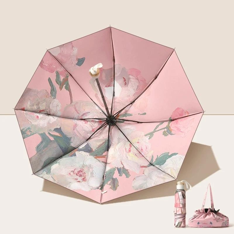 UPF50+ Folding Umbrella Double Layer Sun Rain Umbrella With Storage Bag UV Protection Vinyl coating Parasol Sun Shade Umbrella