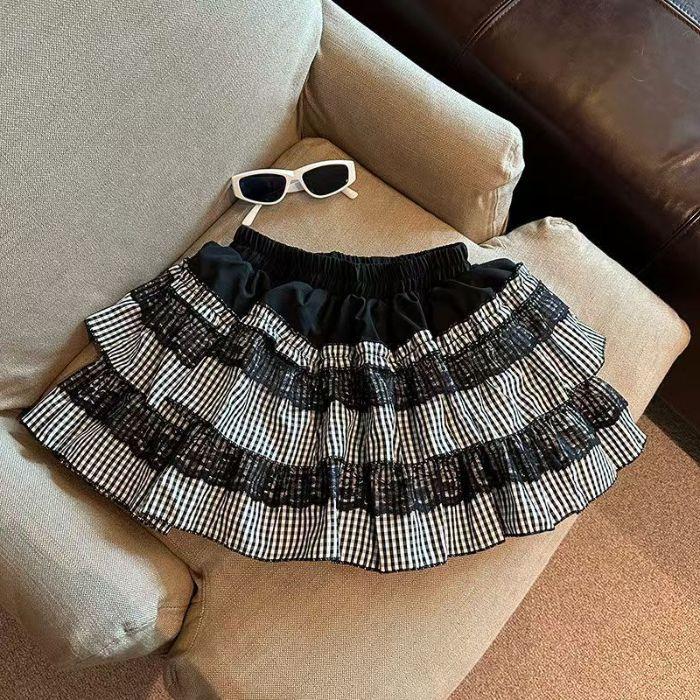 

Двухэтажная юбка-торт Плиссированные юбки Летняя эластичная короткая юбка с высокой талией А-силуэт Пышная юбка Милая XL чёрный