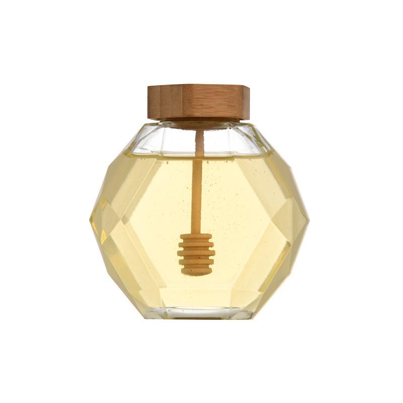Hexagonal Glass Honey Jar with Wood Lid & Stirrer
