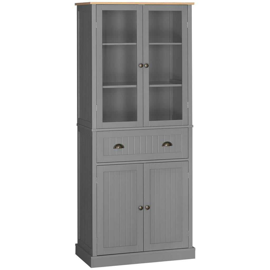Kitchen Sideboard Storage Cabinet, 4 Doors (2 Glass), 1 Drawer, Adjustable Shelves, Grey