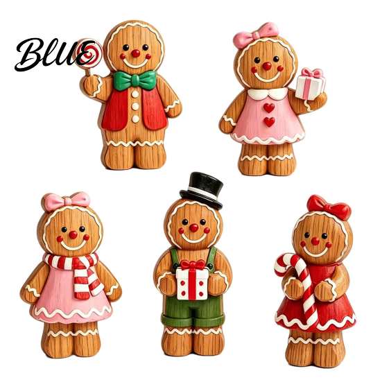 Holiday Tabletop Decor Cartoon Gingerbread Wooden Ornament Double-sided Printed Desktop Figurines Style Decorative Craft for Home And Party Display