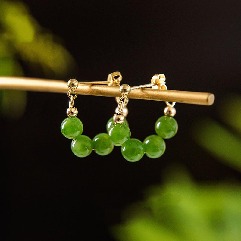 Hetian Jade & Sterling Silver Earrings - New Chinese Style Green Jade Studs for Autumn/Winter