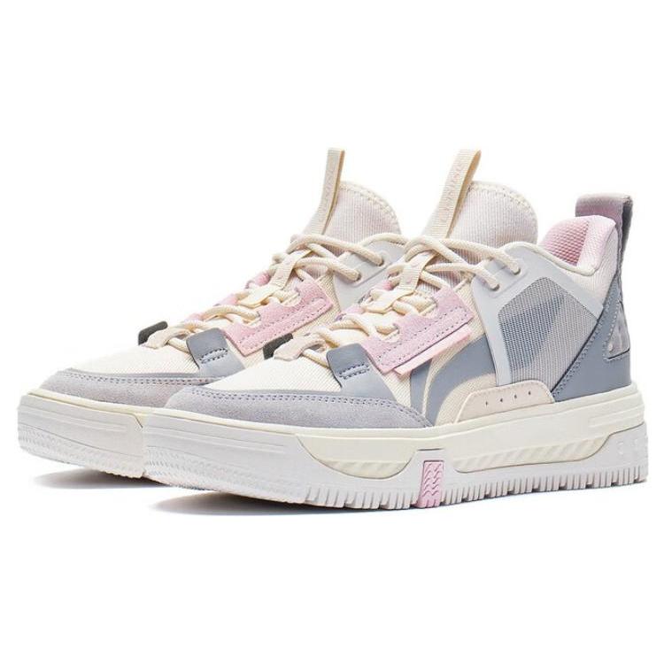 New LiNing Anti Slip And Wear Resistant Height Increasing Mid Top Skateboard Shoes Women's Gray Pink White AGCS240-3
