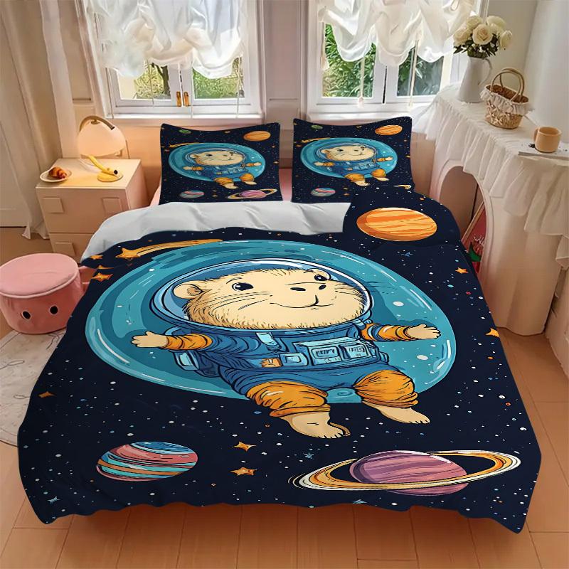 3pcs Space Hamster Bedding Set - 1 Duvet Cover + 2 Pillowcases(Core Not Included), Machine Washable Polyester yy251216129