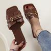 Wear Metal Buckle Square Head Flat Slippers Women's Summer New Sandals Large Size Slippers