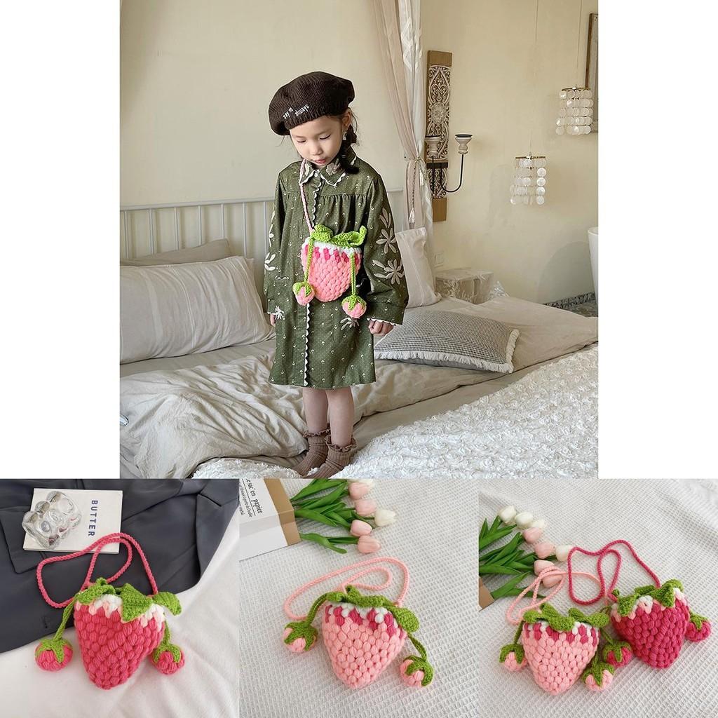 Adorable Korean Style Knitted Strawberry Crossbody Bag For Girls Soft Plush Design